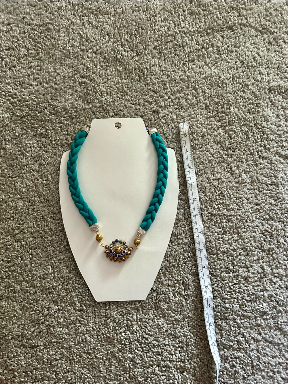 Teal Braided Statement Necklace with Gold and Blue Accent